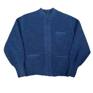 Vintage 70s Virgin Wool Zip Cardigan Sweater Blue Brookfield Unionwear Sz Small